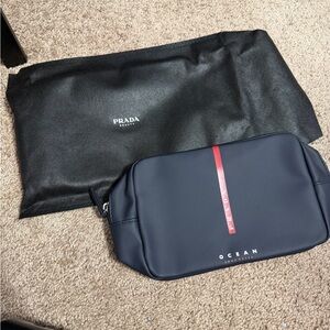 Prada Men's Navy Toiletry Bag with Red Stripe